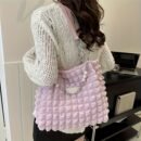 Y2K Style Women's Soft Lightweight Spacious Tote Bag with Cloud-Like Pleats, Beaded Accents & Chain Strap - Zipper Closure Durable Nylon Handbag for Casual, Commute, Daily Use - Bright Pink/White/Black, Commute Handbag | Pearlescent Zipper Pull | Embellishments