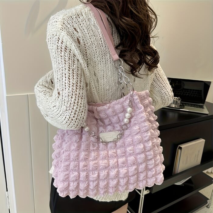 Y2K Style Women's Soft Lightweight Spacious Tote Bag with Cloud-Like Pleats, Beaded Accents & Chain Strap - Zipper Closure Durable Nylon Handbag for Casual, Commute, Daily Use - Bright Pink/White/Black, Commute Handbag | Pearlescent Zipper Pull | Embellishments - Image 6