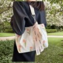 Women's Elegant Casual White Tulip Floral Print Tote Bag - Large Capacity Fabric Shoulder Bag with Adjustable Long Woven Strap & Zipper Closure, Includes Wrist Strap for Work, Travel, Daily Use, Polyester Lining