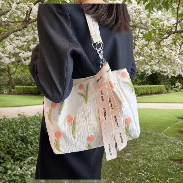 Women's Elegant Casual White Tulip Floral Print Tote Bag - Large Capacity Fabric Shoulder Bag with Adjustable Long Woven Strap & Zipper Closure, Includes Wrist Strap for Work, Travel, Daily Use, Polyester Lining - Image 9