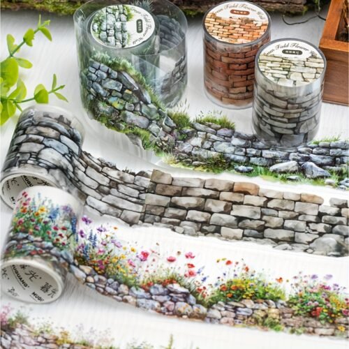[Vibrant Washi Tape] Vibrant Mixed Colors Floral Wall Decor Washi Tape | PET Sticker Roll for DIY Crafts, Scrapbooking, and Journaling with Stone Wall Design, Scrapbook Stickers
