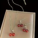 3pcs/set Fashionable and Luxurious Red Cherry Pendant Necklace and Earrings for Personalized Girls' Daily Wear, Party Accessories and Gifts