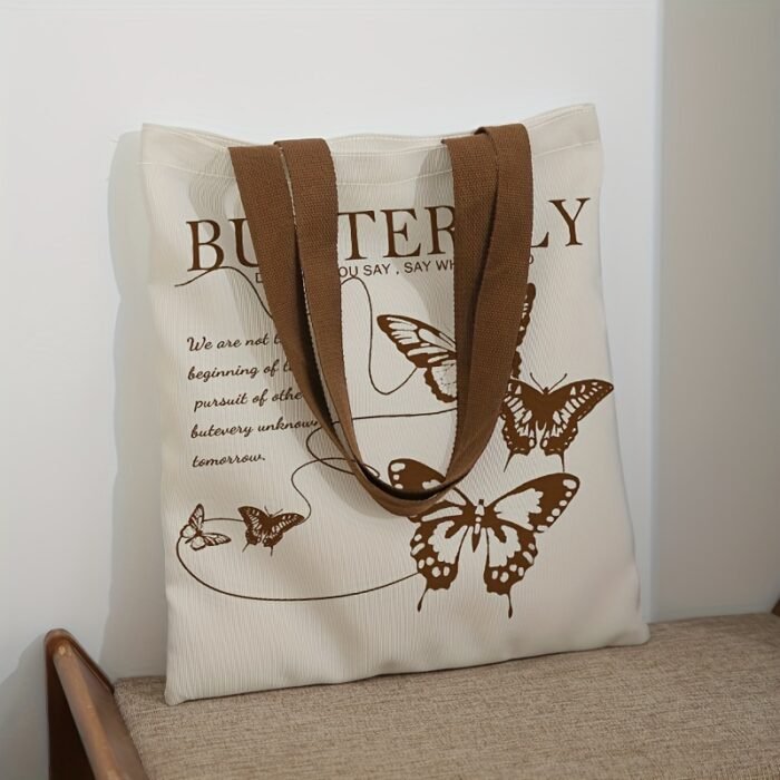 Brown Butterfly Letter Element Pattern Tote Bag, Multifunctional Handbag, Letter Printed Canvas Shopping Bag - Image 2