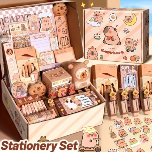 A Capybara-Themed Stationery Gift Set, Featuring Cartoon-Themed Plastic And Wooden School Supplies Including Notebooks, Fountain Pens, Paper Clips, And Accessories, Suitable for Students, Halloween, Christmas, Birthday Gifts, Graduation Gifts
