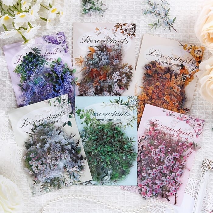 30-Pack Plant Floral Branch PET Decorative Stickers, Mixed Color Self-Adhesive Plastic Craft Embellishments with Crystal Accents, Glossy Finish, Irregular Shapes for Scrapbooking and Journaling - Image 5