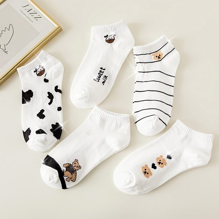 5 Pairs Mixed Color Animal Print Short Socks, 97% Polyester 3% Spandex, Breathable Sweat-Absorbent Knit Fabric, Comfortable Ankle Socks for Women - Image 12