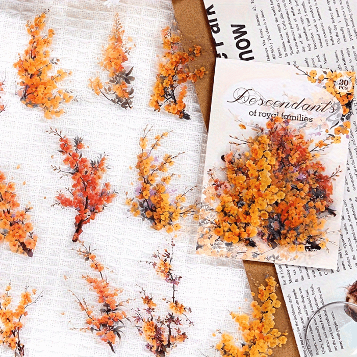 30-Pack Plant Floral Branch PET Decorative Stickers, Mixed Color Self-Adhesive Plastic Craft Embellishments with Crystal Accents, Glossy Finish, Irregular Shapes for Scrapbooking and Journaling - Image 17