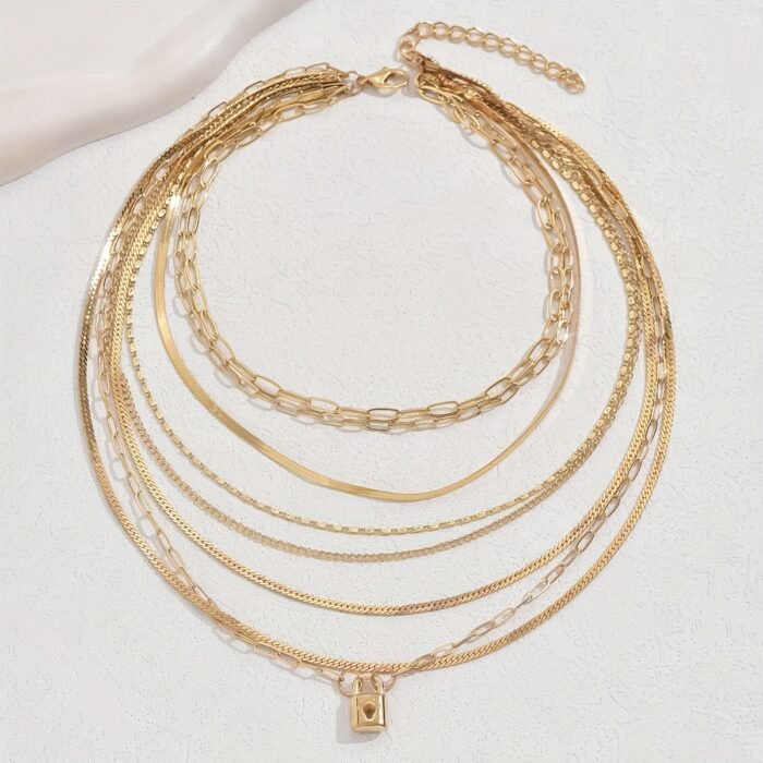 1pc Layered Chain Necklace for Women - Golden-Tone Bohemian Punk Rock Style with Interlocking Links & Rectangular Pendants, Elegant Versatile Jewelry for Daily Wear, Parties, All-Season Fashion Accessory, Party Accessories, Chic Appearance, Delicate Craftsmanship - Image 2