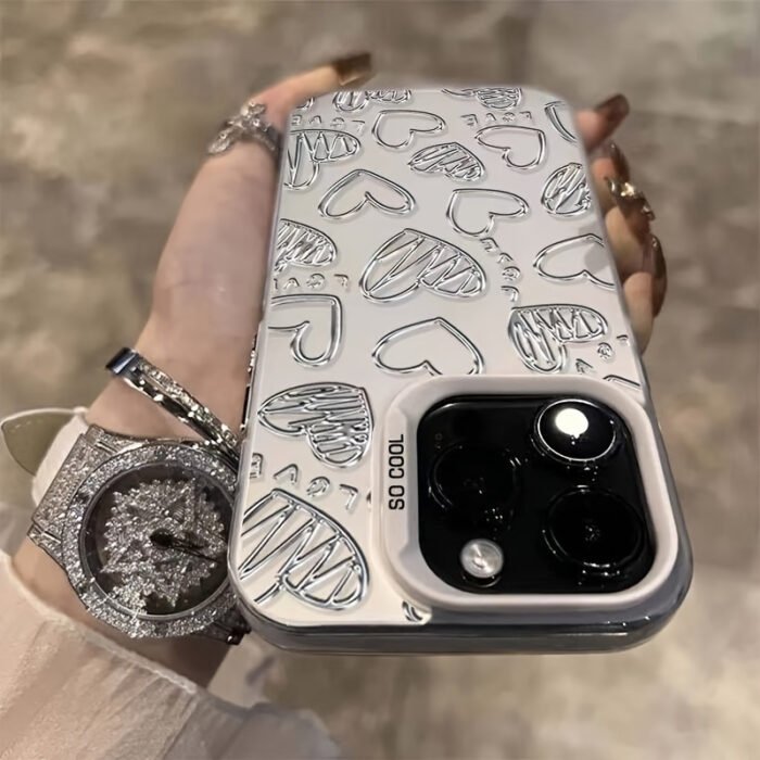 Radium Black and White Silvery Love Heart Metal Pattern Design Mobile Phone Case for iPhone16/16plus/16pro/16promax/iPhone 15/15Plus/15Pro/15ProMax, 14/14Plus/14Pro/14ProMax, 13/13Pro/13ProMax, 12/12Pro/12ProMax, 11/11/11Pro Max/7/8/X/XS - Anti-fouling, Fashionable, Trendy - Image 6