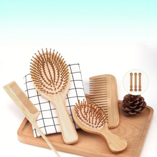 4pcs Hair Brush Comb Set for Men Women - Bamboo Bristle Hairbrush with Tail Comb, Tooth Comb, Double Head Comb, 3 Air Cushion Massage Brushes for Scalp Massage, Bamboo Material, Finishing Comb Style, Scalp Massager Set|Natural Bamboo Brush|Ergonomic Desig