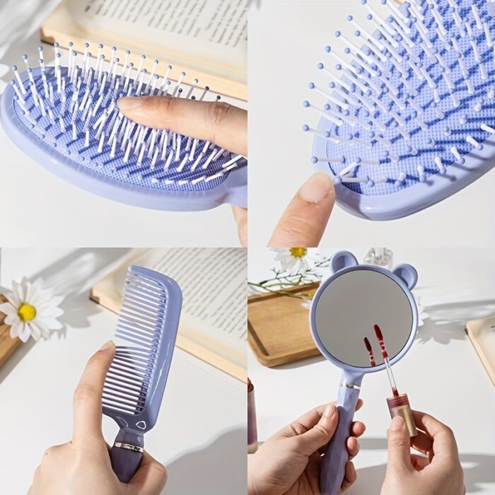 4pcs/set of high-looking cute comb set, mirror air cushion comb, roller comb, head massage comb, portable anti-static styling comb set, long hair curling student dormitory massage comb for women - Image 4