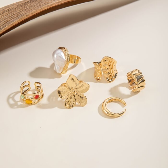 6pcs set of fashionable and flower-set Rhinestone rings, metal geometric irregular opening ring sets suitable for parties and gifts for friends - Image 3