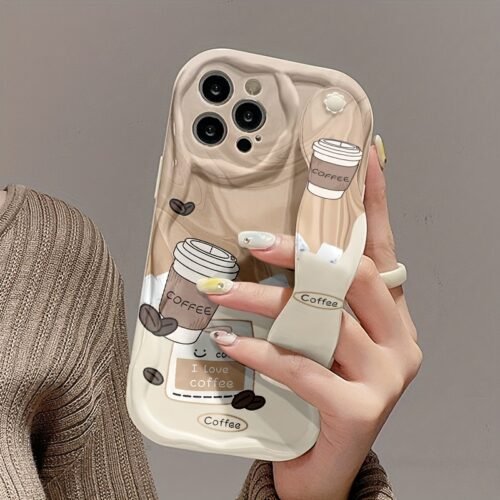 [Anti-Fall] Mobile Phone Case | Soft Gel Anti-Fall Cream Ribbon Style Coffee Cup Print | Suitable for Apple Series 11/12/13/14/15/16 promax Samsung Series A05/A15/A25/A35/A55/S23/S24 Ultra