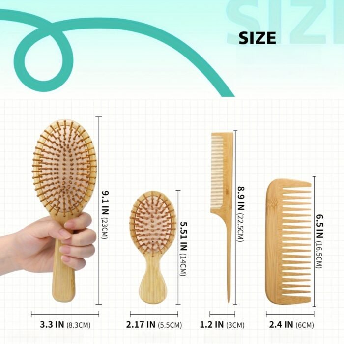 4pcs Hair Brush Comb Set for Men Women - Bamboo Bristle Hairbrush with Tail Comb, Tooth Comb, Double Head Comb, 3 Air Cushion Massage Brushes for Scalp Massage, Bamboo Material, Finishing Comb Style, Scalp Massager Set|Natural Bamboo Brush|Ergonomic Desig - Image 15