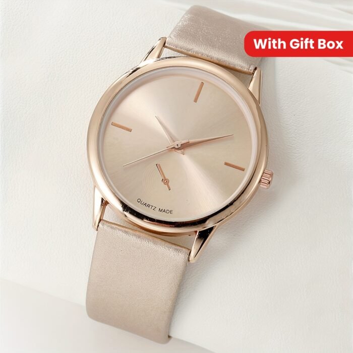 Elegant Women's Rose Golden Quartz Watch - Minimalist Round Dial, PU Leather Strap, Shockproof Design, Perfect for Office or Casual Wear, Comes with Gift Box - Image 13