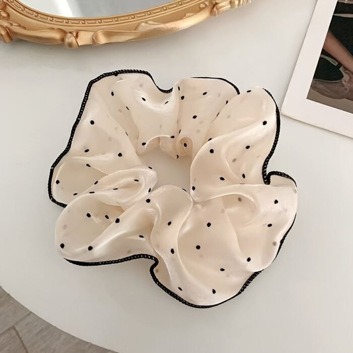 Elegant Mesh Hair Scrunchies with Black Polka Dot & Heart Design - Korean Style, Tassel Detail, Women'S Fashion Hair Ties for Valentine'S Day, Everyday & Special Occasions, Cute Hair Accessorie - Image 2
