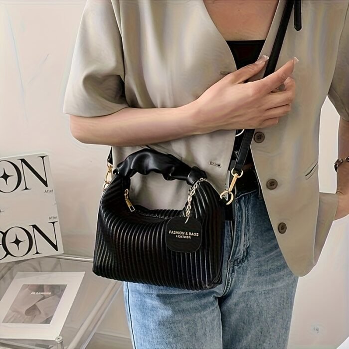 Striped Handbag for Women - Stylish Urban Shoulder Bag with Zipper Closure, Polyester Lined, Black, Perfect for Casual or Office Us - Image 13