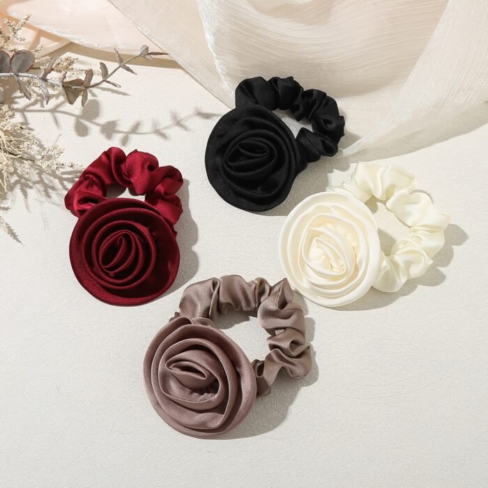 1pc Elegant Rose Flower Scrunchie, Korean Style Fabric Hair Tie, Simple Solid Color, Floral Hair Accessory for Women, Single Pack - Image 2