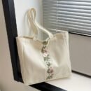 1pc Large Capacity Canvas Tote Bag - Fashionable White Shoulder Bag with Floral Embroidery, Durable Zippers, Ideal for Commuting, Travel, and, Commuting Bag|Floral Embroidery Bag|Durable Zippers