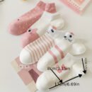 5 Pairs of Cute Cartoon Cat Socks for Women - Pink and White, Short & Mid-Calf, Lightweight, Machine Washable, Spring/Summer Footwear, Casual Wear|Playful Cat Design|Stretchy Fabric
