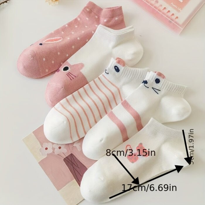 5 Pairs of Cute Cartoon Cat Socks for Women - Pink and White, Short & Mid-Calf, Lightweight, Machine Washable, Spring/Summer Footwear, Casual Wear|Playful Cat Design|Stretchy Fabric - Image 7