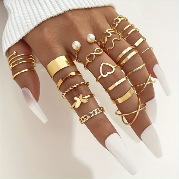 22pcs Fashion Stacking Rings Trendy Heart/ Infinity/ Butterfly/ Chain Design Mix And Match For Daily Outfits Party Accessories For Sweet Cool Girls - Image 2