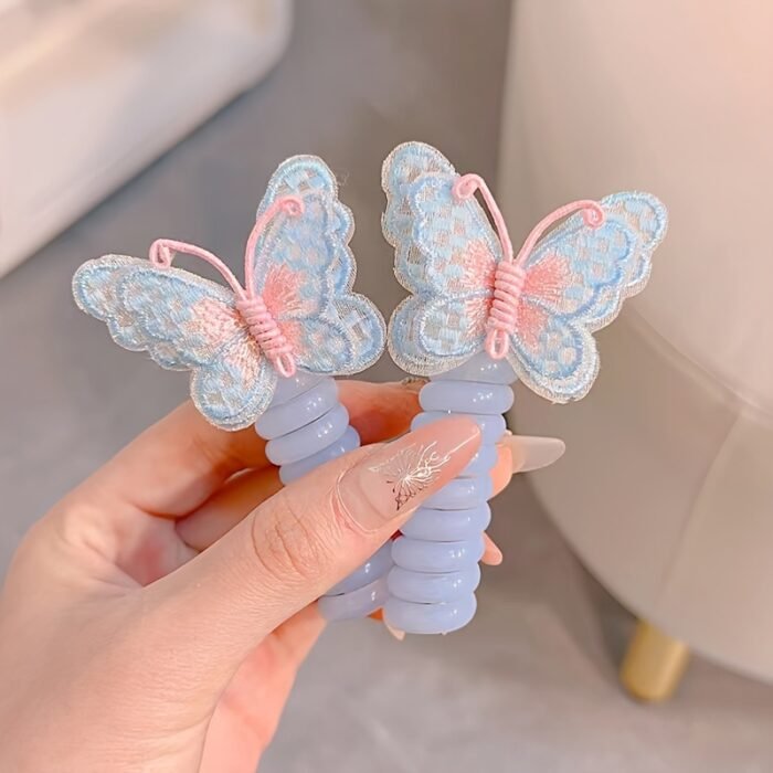 GUIJUI 2pcs Cute Butterfly Phone Cord Hair Ties for Kids, High Elasticity Resin Hair Bands, All-Season Daily & Casual Wear, Christmas & Valentine'S Day Gift, Knit Fabric Weaving Method - Image 7