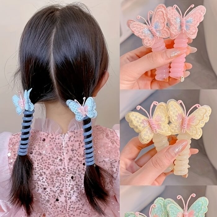 GUIJUI 2pcs Cute Butterfly Phone Cord Hair Ties for Kids, High Elasticity Resin Hair Bands, All-Season Daily & Casual Wear, Christmas & Valentine'S Day Gift, Knit Fabric Weaving Method - Image 4