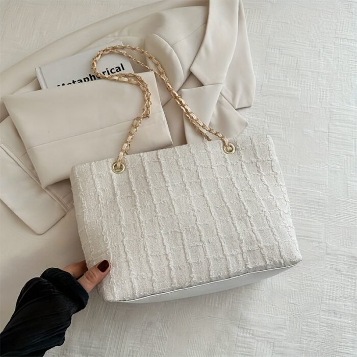 1pc Trendy Nylon Tote Bag with Chain Strap - Lightweight, Casual Style, Zipper Closure, Polyester Lined, Solid Color Shoulder Bag for Everyday Use, Everyday Shoulder Bag|Trendy Tote Bag|Zippered Closure, Small Tote Bag - Image 2