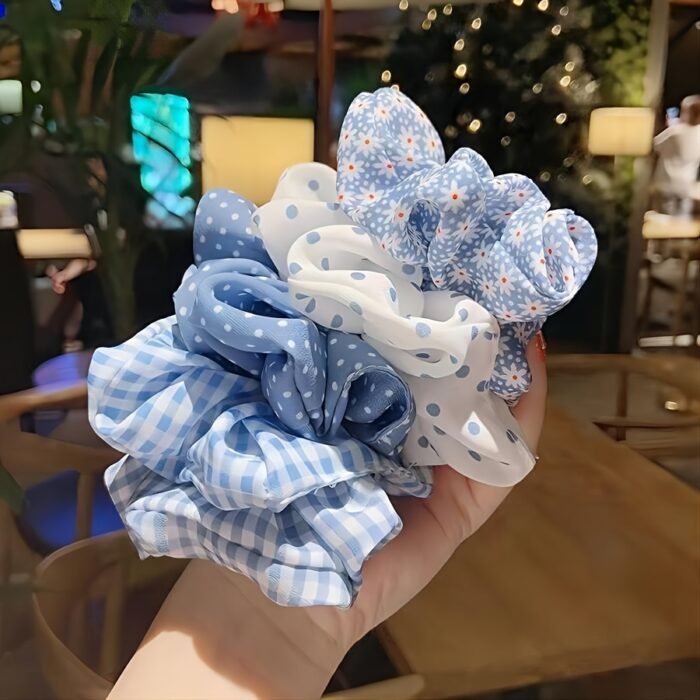 French Forest Summer Ocean Breeze Blue Polka Dot Hair Ties Set, Elegant Cute Fabric Scrunchies with Flower Prints, Sweet Floral & Dot Hair Bands, Academy Style for Ages 14+ - Pack of Multiple Hair Rings - Image 4