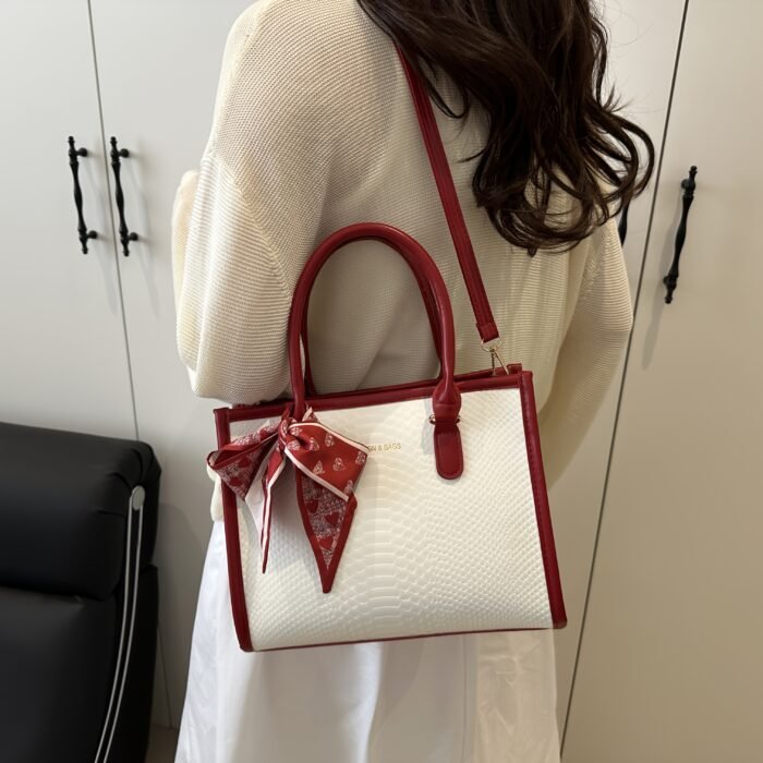 2025 New Women's Stylish Crossbody Bag with Detachable Strap - Coffee/Red/Black, Large Capacity Zipper Closure, Decorative Bow & Textured Design for Commuting, Casual & Professional Use, Versatile Accessory, Goldtoned Edges - Image 3