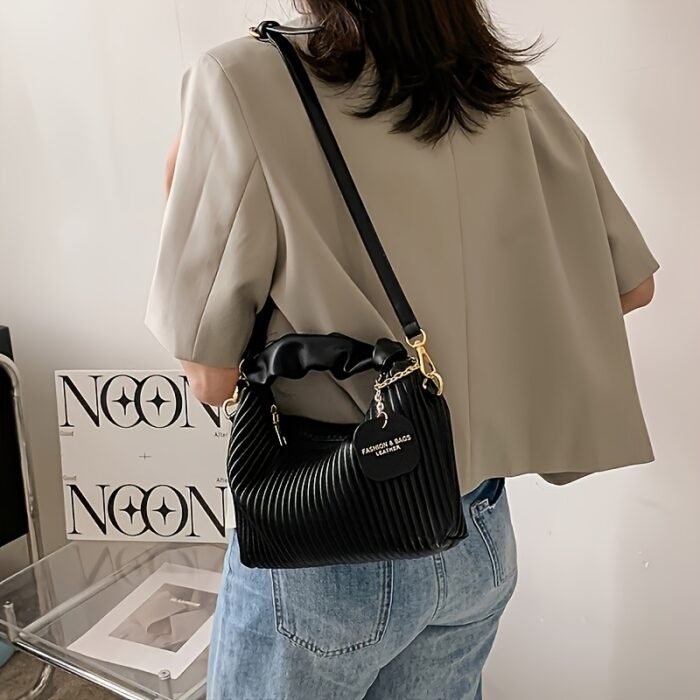 Striped Handbag for Women - Stylish Urban Shoulder Bag with Zipper Closure, Polyester Lined, Black, Perfect for Casual or Office Us - Image 11