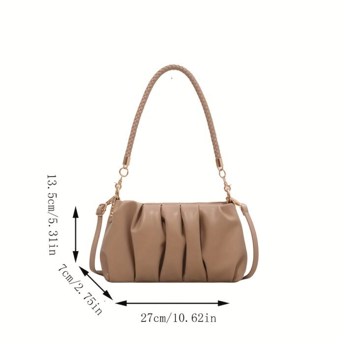 Elegant Beige Shoulder Bag for Women - Chic Pleated Design with Golden-Tone Hardware, Versatile Handbag/Crossbody for Daily Use, Shopping, and Travel, Cute Purse - Image 4