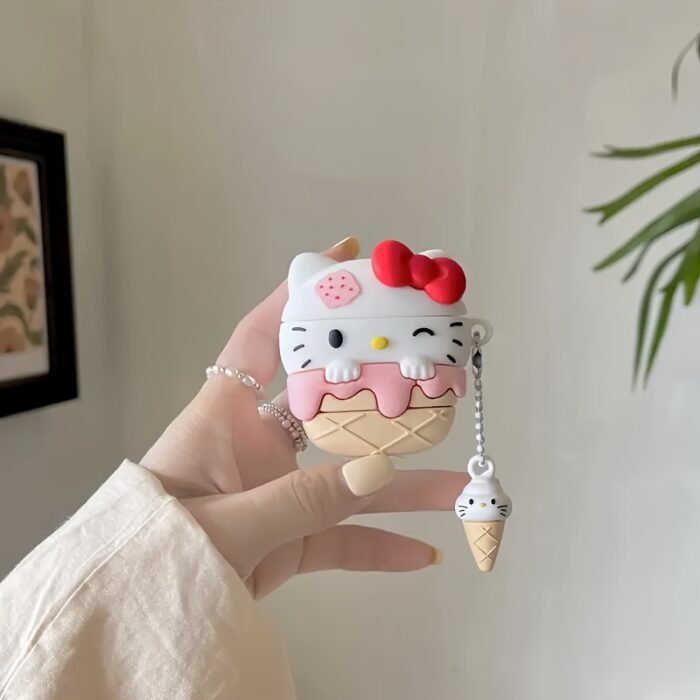 For Hello Kitty Ice Cream-Shaped Silicone Case for AirPods Pro with Keychain - Cute Cartoon Design, Anti-Fall & Durable Protective Cover, Mixed Colors, Airpod Storage Case - Image 4