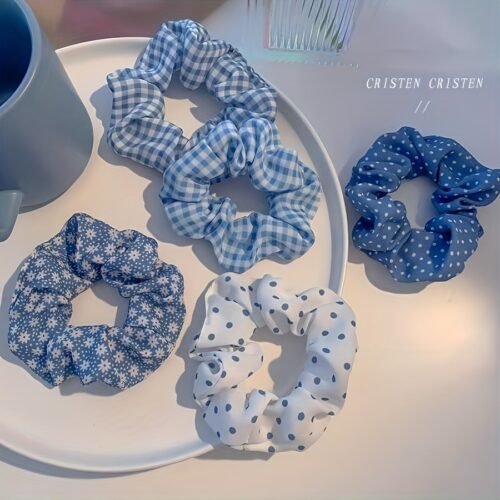 French Forest Summer Ocean Breeze Blue Polka Dot Hair Ties Set, Elegant Cute Fabric Scrunchies with Flower Prints, Sweet Floral & Dot Hair Bands, Academy Style for Ages 14+ - Pack of Multiple Hair Rings