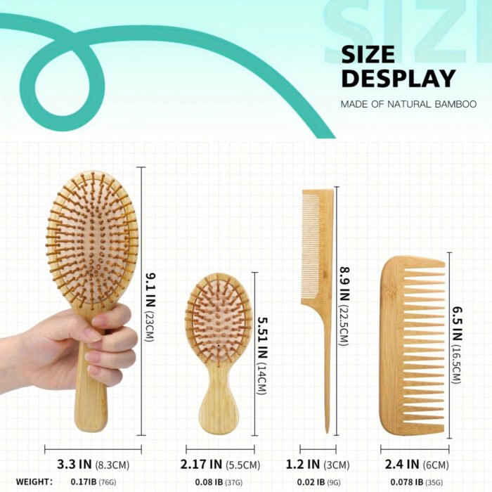 4pcs Hair Brush Comb Set for Men Women - Bamboo Bristle Hairbrush with Tail Comb, Tooth Comb, Double Head Comb, 3 Air Cushion Massage Brushes for Scalp Massage, Bamboo Material, Finishing Comb Style, Scalp Massager Set|Natural Bamboo Brush|Ergonomic Desig - Image 7