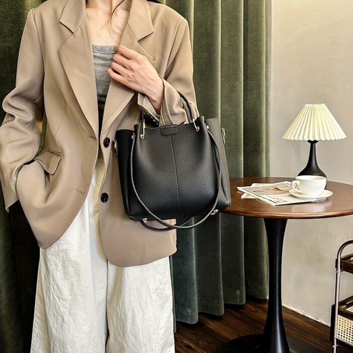 Women's Elegant Bucket Shoulder Bag with Detachable Strap - Lightweight Spacious Handbag for Daily Commute, Business & Vacations, Zipper Closure, Khaki/Beige/Pink/Black, Perfect Gift for Mother’s Day, Christmas, Valentine’s, Crossbody Purse, Vacation Handbag, Smooth Texture Purse - Image 6