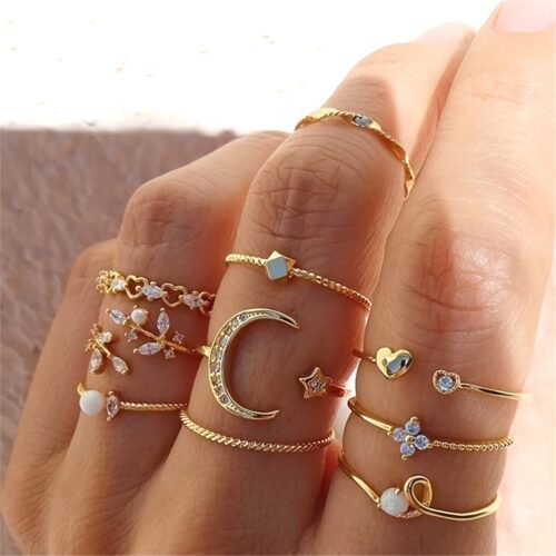 [Vintage | Golden-Toned] 10pcs Elegant & Vintage Golden-Toned Ring Set | Crescent Moons, Stars, Flowers, Hearts & Geometric Designs | Ideal for Daily Wear, Parties, Dates & Gifting with Sparkling Rhinestones