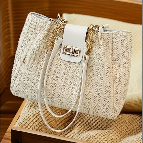 This straw bag is available in four colors. It features a light luxury floral print design, a retro-style chain handle, and a handwoven straw tote with a unique beach-inspired high-end aesthetic for Women's crossbody or shoulder carry