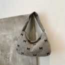 Women's Handbag and Wallet Sweet Plaid Bow Pocket Bag, Gray-White Autumn-Winter Corduroy Material, Niche Design, Large Capacity Underarm Casual Style, Japanese-Korean Backpack Trend, Minimalist Fashionable Tote Bag, Essential for Gifting, Holidays, Travel, and Outings