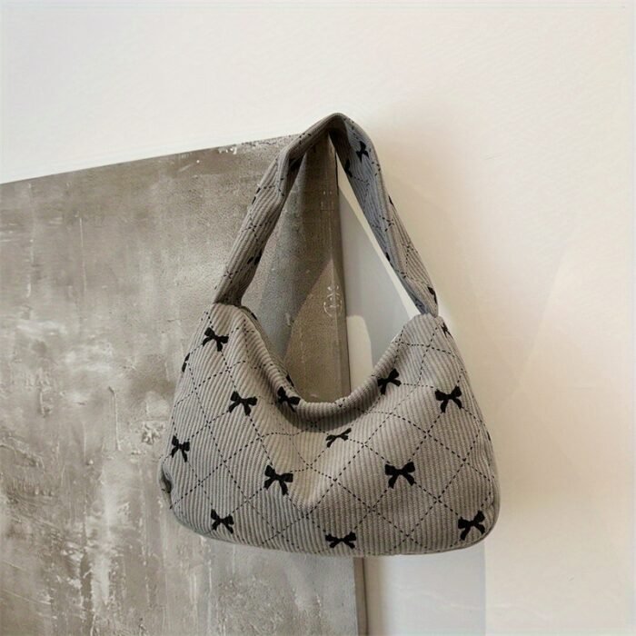 Women's Handbag and Wallet Sweet Plaid Bow Pocket Bag, Gray-White Autumn-Winter Corduroy Material, Niche Design, Large Capacity Underarm Casual Style, Japanese-Korean Backpack Trend, Minimalist Fashionable Tote Bag, Essential for Gifting, Holidays, Travel, and Outings - Image 6