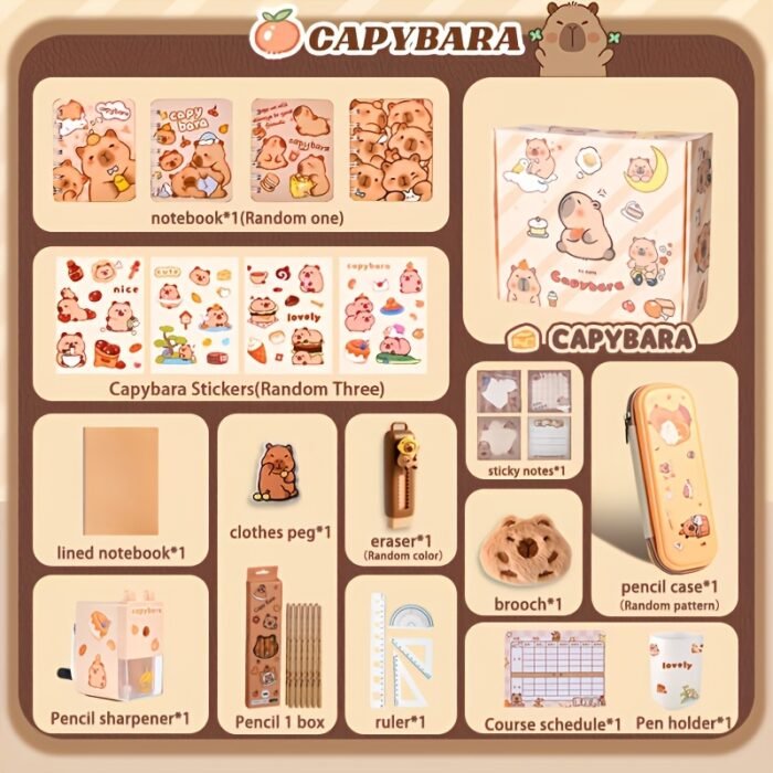 A Capybara-Themed Stationery Gift Set, Featuring Cartoon-Themed Plastic And Wooden School Supplies Including Notebooks, Fountain Pens, Paper Clips, And Accessories, Suitable for Students, Halloween, Christmas, Birthday Gifts, Graduation Gifts - Image 3