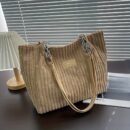 DISSEFA-TECH Corduroy Shoulder Bag for Women, Elegant Striped Tote with Removable PU Strap, Zipper Closure, Polyester Lined, Versatile for Daily Use and School - Ideal Valentine'S Gift