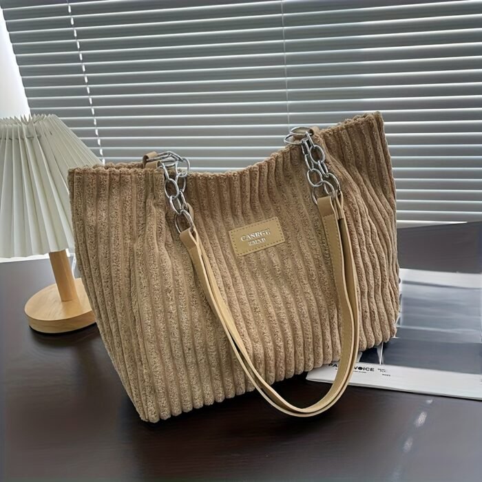 DISSEFA-TECH Corduroy Shoulder Bag for Women, Elegant Striped Tote with Removable PU Strap, Zipper Closure, Polyester Lined, Versatile for Daily Use and School - Ideal Valentine'S Gift - Image 12