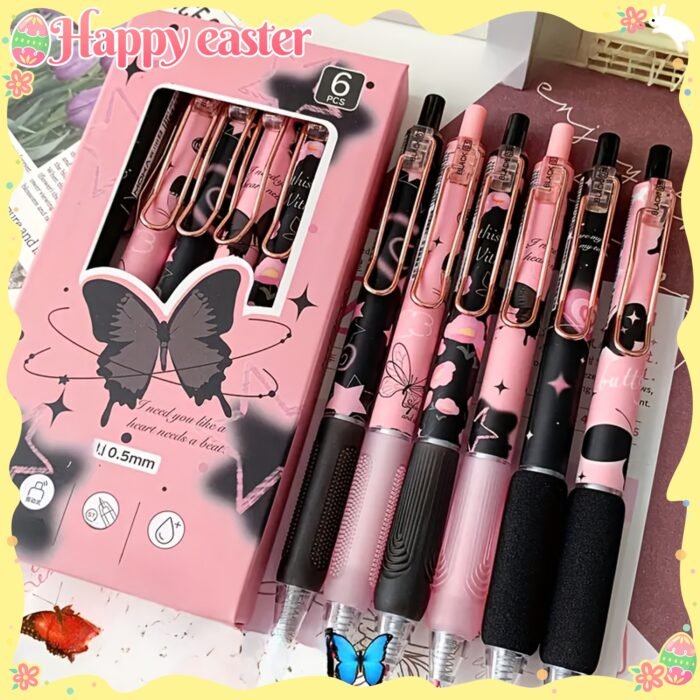 6-Pack Butterfly & Rose Flower Retractable Gel Pens, 0.5mm Fine Point, Black Ink, Durable Plastic, No Feathering, Ideal for School, Office, Home Stationery, Perfect Gift for Girls and Boys - Image 10