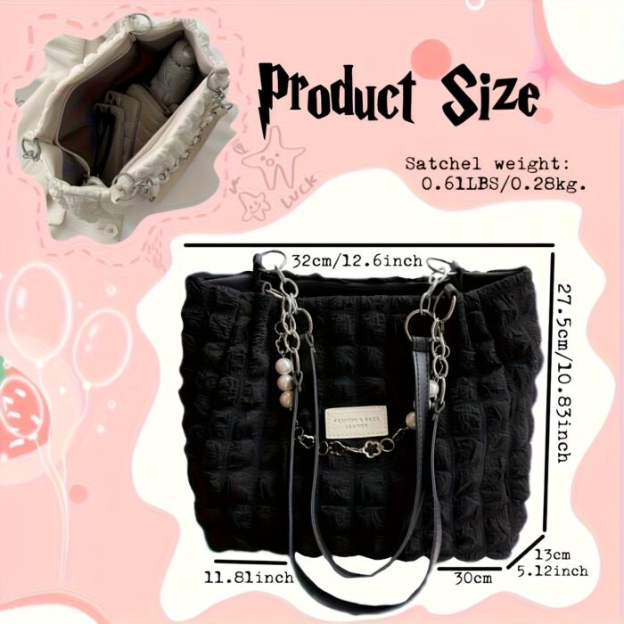 Y2K Style Women's Soft Lightweight Spacious Tote Bag with Cloud-Like Pleats, Beaded Accents & Chain Strap - Zipper Closure Durable Nylon Handbag for Casual, Commute, Daily Use - Bright Pink/White/Black, Commute Handbag | Pearlescent Zipper Pull | Embellishments - Image 2