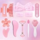 12pcs Facial Beauty Set with Cat Paw Face Brush, Nose Head Brush, Dual-Head Roller Massager, Silky Comb, Heart-Shaped Gua Sha Tool, Hair Clip, Hair Tie, Headband, Wristband for Cleansing, Exfoliation, and Skin Care - Portable Women's Skincare Tools