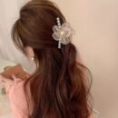 1pc Elegant Bohemian Floral Imitation Pearl Hair Clip for Women - Large Mesh Tulle Hair Claw with Imitation Imitation Pearl & Flower Design, Pink & Champagne Color-Blocked, Secure Hold for Updos, Weddings, Parties, All Hairstyles, Cute Hair Accessories, Wedding Hair Accessory, Versatile Hairpiece, Imitation Pearl Embellishments