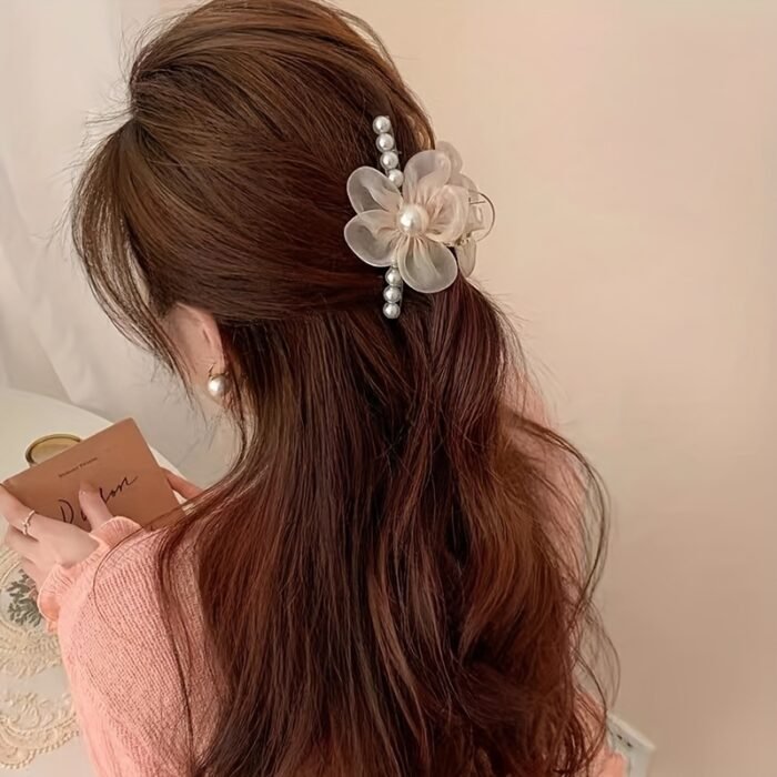 1pc Elegant Bohemian Floral Imitation Pearl Hair Clip for Women - Large Mesh Tulle Hair Claw with Imitation Imitation Pearl & Flower Design, Pink & Champagne Color-Blocked, Secure Hold for Updos, Weddings, Parties, All Hairstyles, Cute Hair Accessories, Wedding Hair Accessory, Versatile Hairpiece, Imitation Pearl Embellishments - Image 11