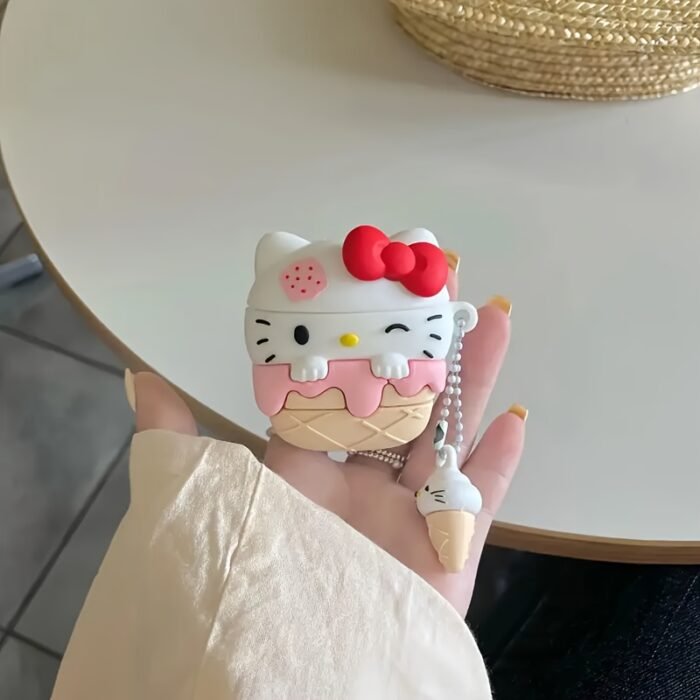 For Hello Kitty Ice Cream-Shaped Silicone Case for AirPods Pro with Keychain - Cute Cartoon Design, Anti-Fall & Durable Protective Cover, Mixed Colors, Airpod Storage Case - Image 3